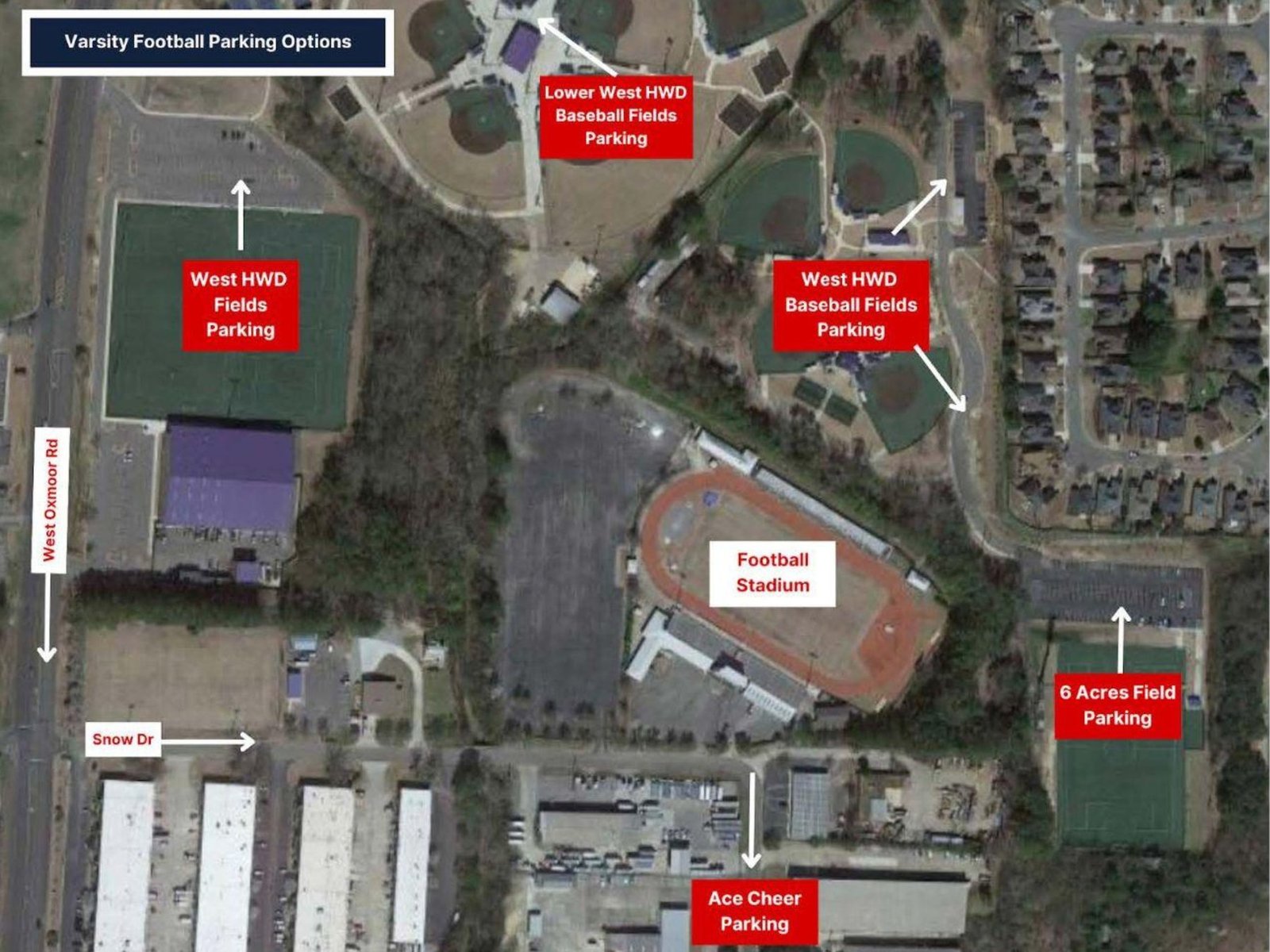 Aerial diagram of Waldrop Stadium showing gameday parking locations